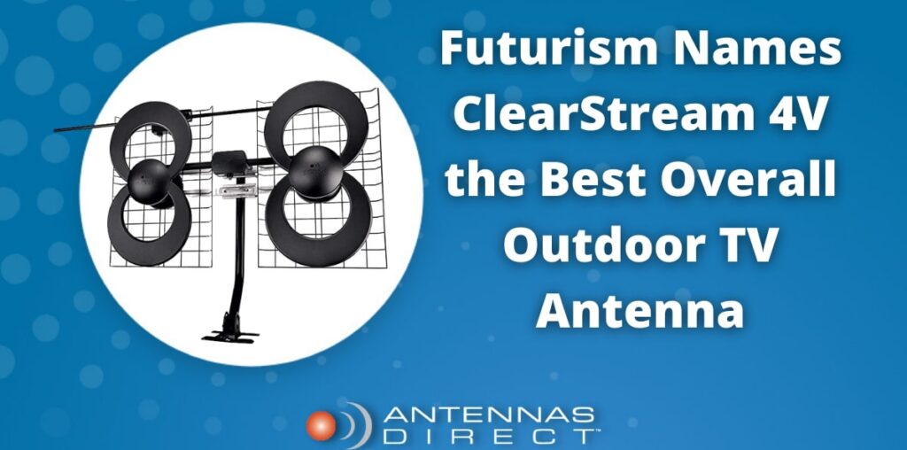 An outdoor HDTV antenna installed on a rooftop, providing crystal-clear over-the-air reception with a scenic suburban background showcasing clear skies and homes