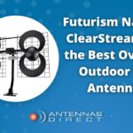 An outdoor HDTV antenna installed on a rooftop, providing crystal-clear over-the-air reception with a scenic suburban background showcasing clear skies and homes