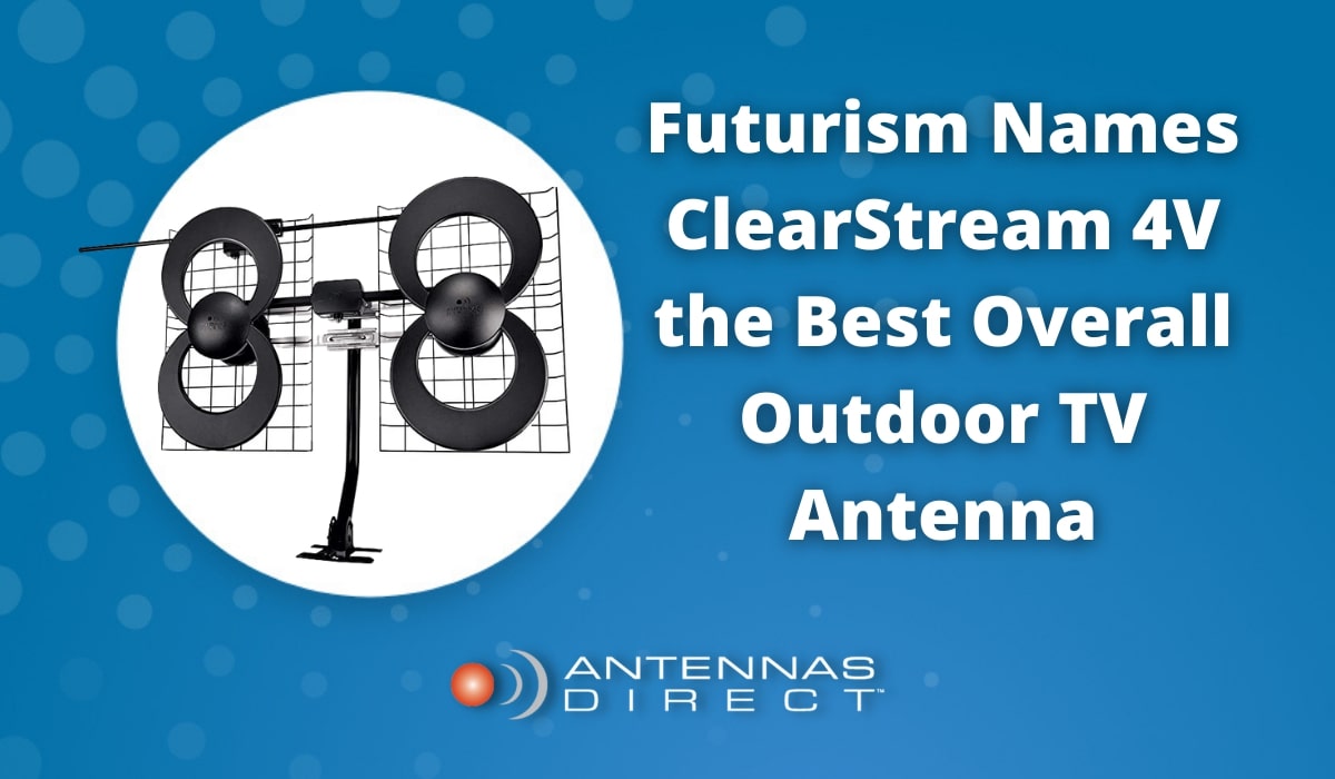An outdoor HDTV antenna installed on a rooftop, providing crystal-clear over-the-air reception with a scenic suburban background showcasing clear skies and homes